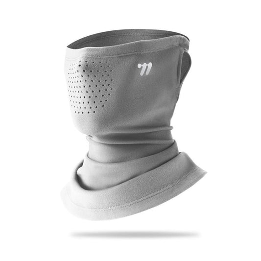 Light gray ear-loop face mask with perforated panel and neck gaiter, double-layer fleece.
