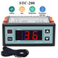 Digital temperature controller front with red LED display and heating/cooling icons