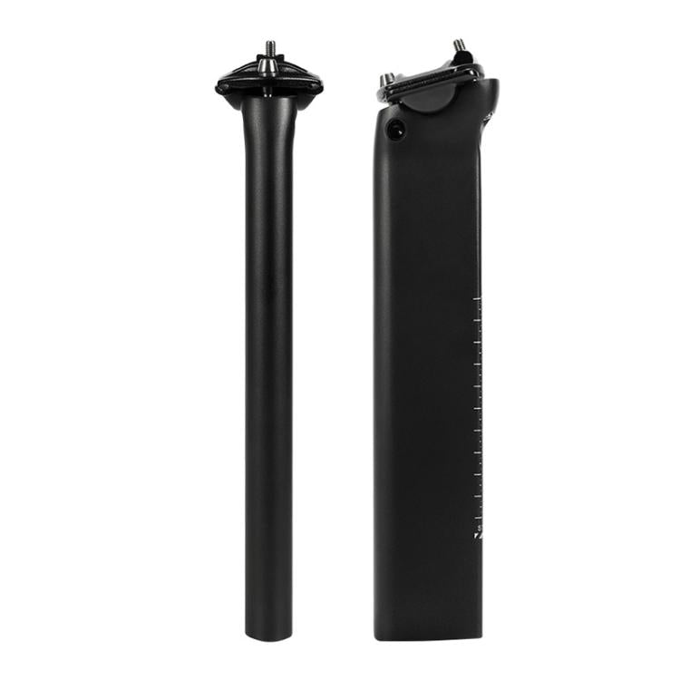 Carbon fiber road bike seatpost with black clamp hardware, upright view