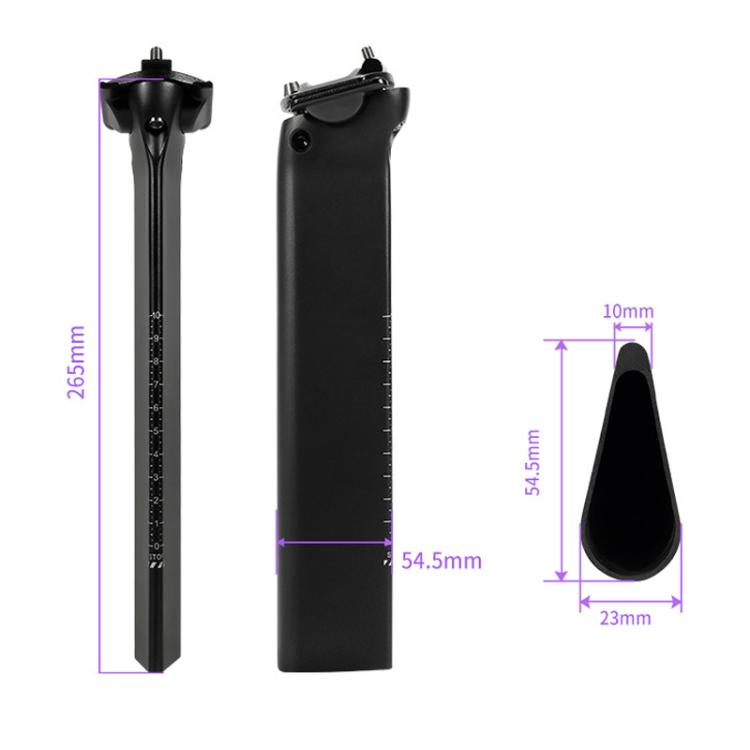 Black carbon fiber bike seatpost with mounting head and length markings, side views