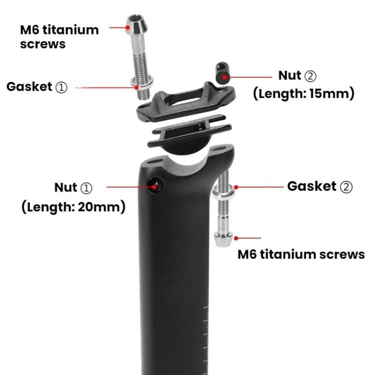 Black carbon fiber seatpost with M6 titanium screws, nuts, and gasket parts