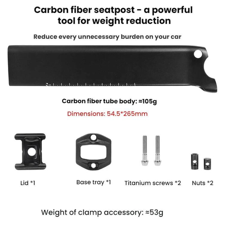 Carbon fiber seatpost tube with integrated hardware accessories shown, side