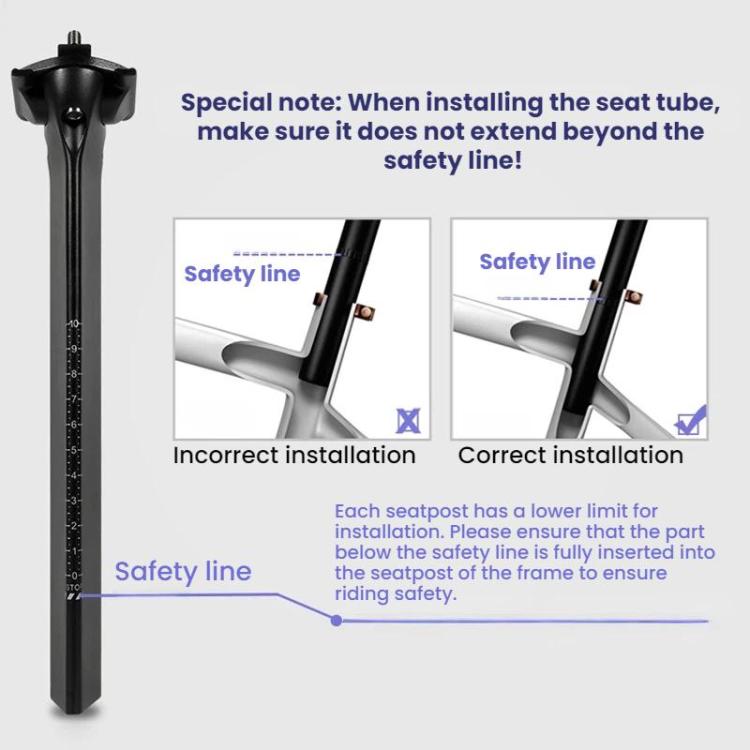 Black carbon fiber seatpost with safety line marking near the clamp area