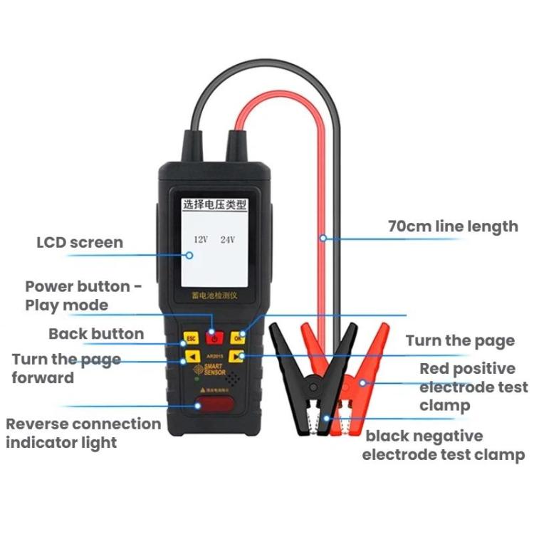 Car battery tester with LCD screen and 70 cm cable, red/black battery clamps