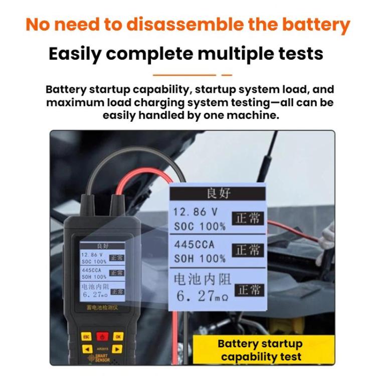 Car battery performance tester with LCD showing battery test readings