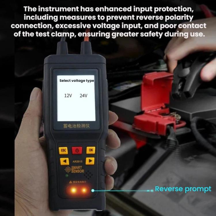 Handheld 12V/24V battery tester with LCD voltage selector and insulated clamps