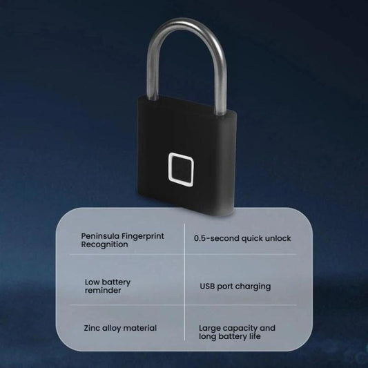 Black smart padlock with fingerprint sensor panel and built-in charging support