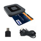 Black card reader base with slot and blue bank card, with included adapter and cables