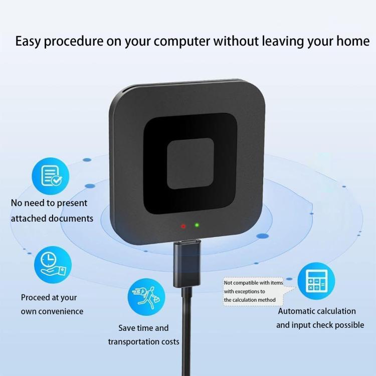 Black square card reader with front slot and LED indicators, connected to a USB cable
