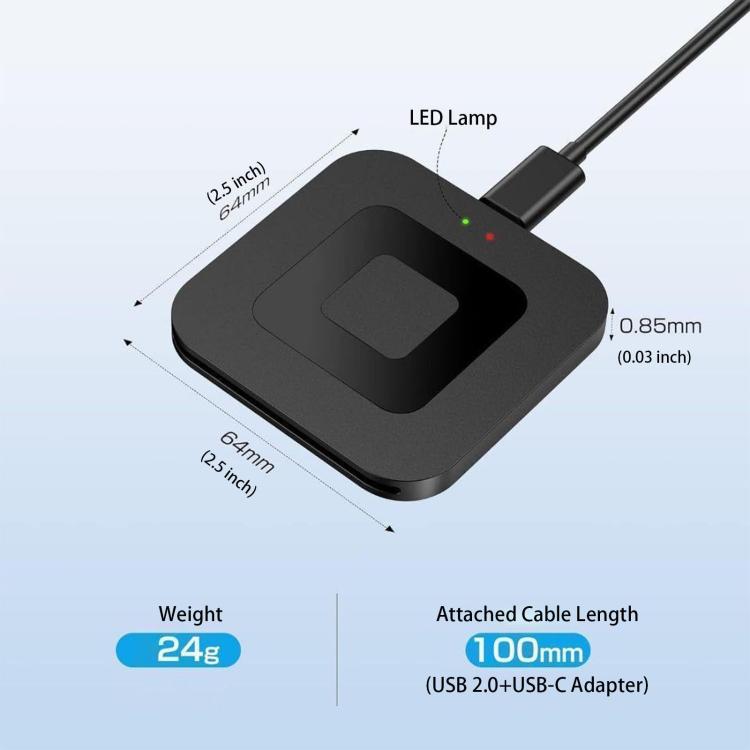 Compact black square card reader with card slot and attached USB cable