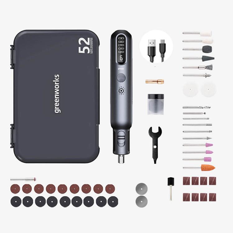 Cordless mini rotary tool kit with storage case, speed display, and assorted grinding bits