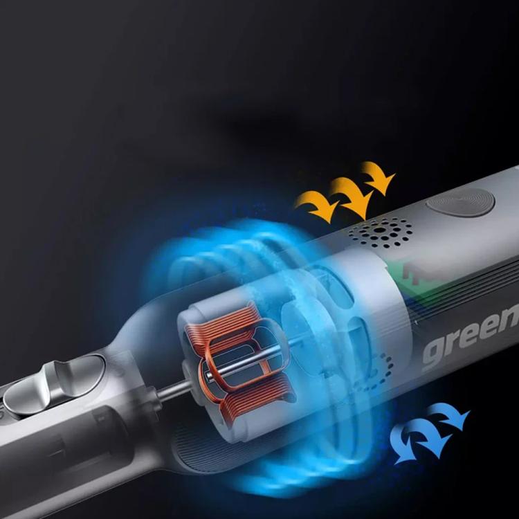 Cordless mini rotary tool head with cooling vents and visible rotating motor airflow