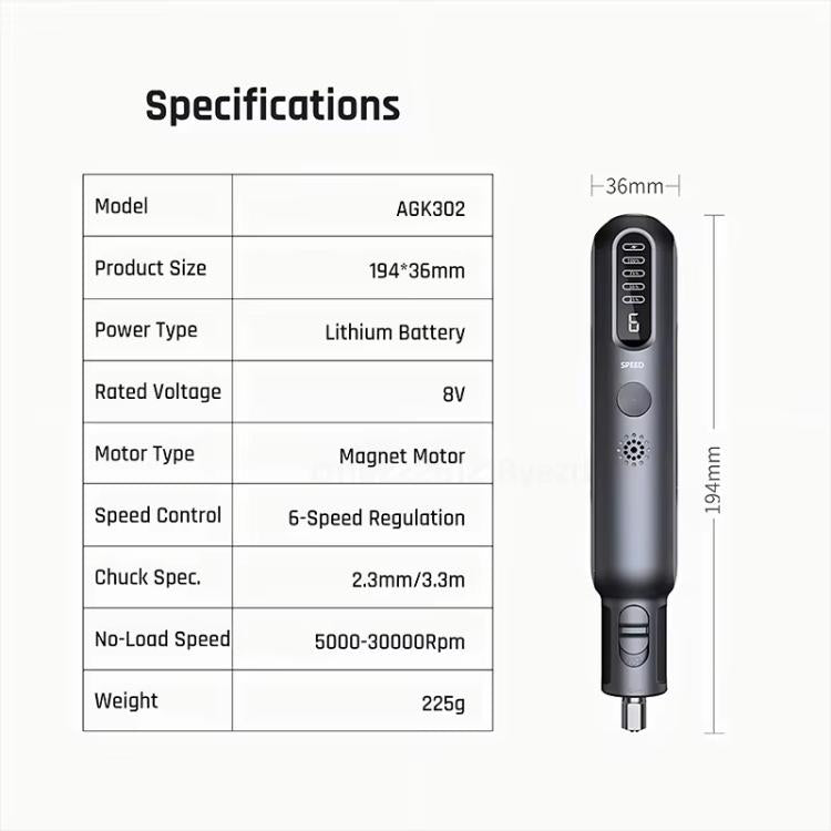 Cordless mini rotary tool specifications diagram with size and model information