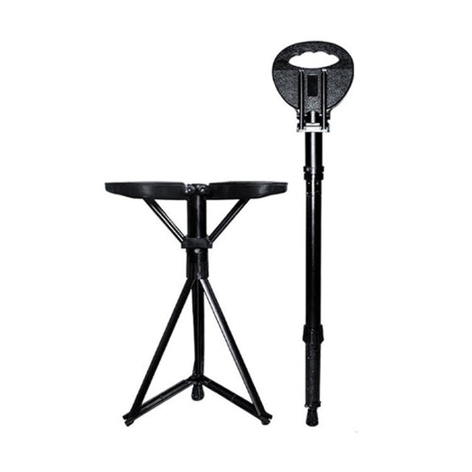 Folding hiking stick with dual-seat stool top and anti-slip foot pads, black