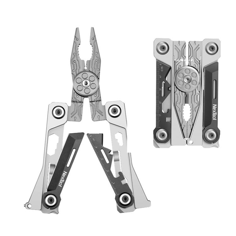 Silver folding pocket multi-tool pliers with screwdrivers and wrenches, leather case