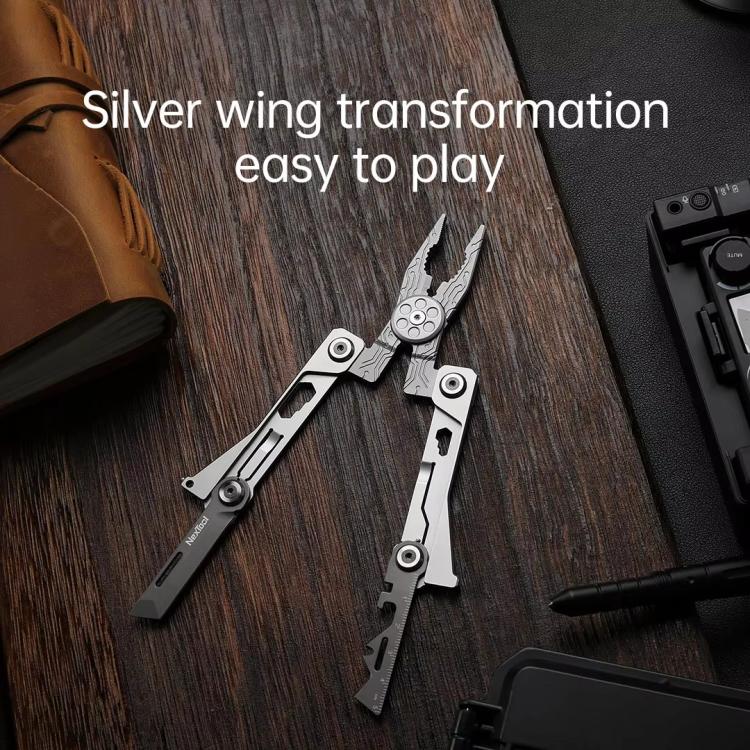 Silver folding pocket multi-tool pliers with open blades and hex tool sections