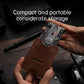 Brown leather pocket case holding silver folding multi-tool pliers
