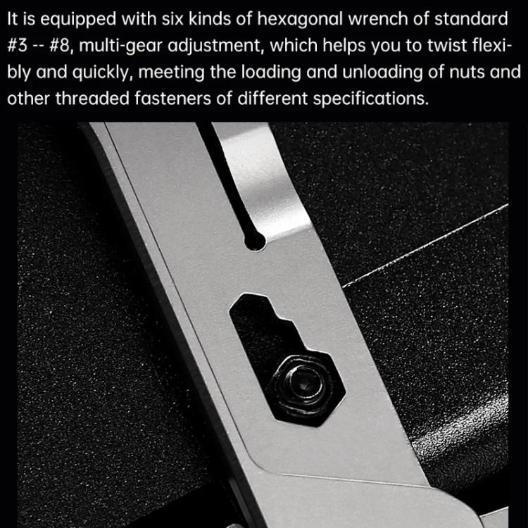 Close-up of silver folding tool hex wrench section with adjustment opening