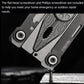 Close-up of silver folding multi-tool with flat-head and Phillips screwdriver bits