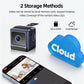 Wireless mini battery camera with cloud storage icon and phone app view
