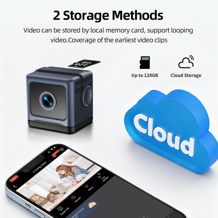Wireless mini battery camera with cloud storage icon and phone app view