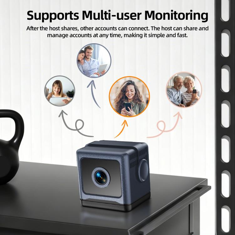 Wireless mini battery camera on tabletop with multi-user monitoring circles