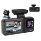 Black 3-lens dash camera kit with front screen, cabin module, and rear camera