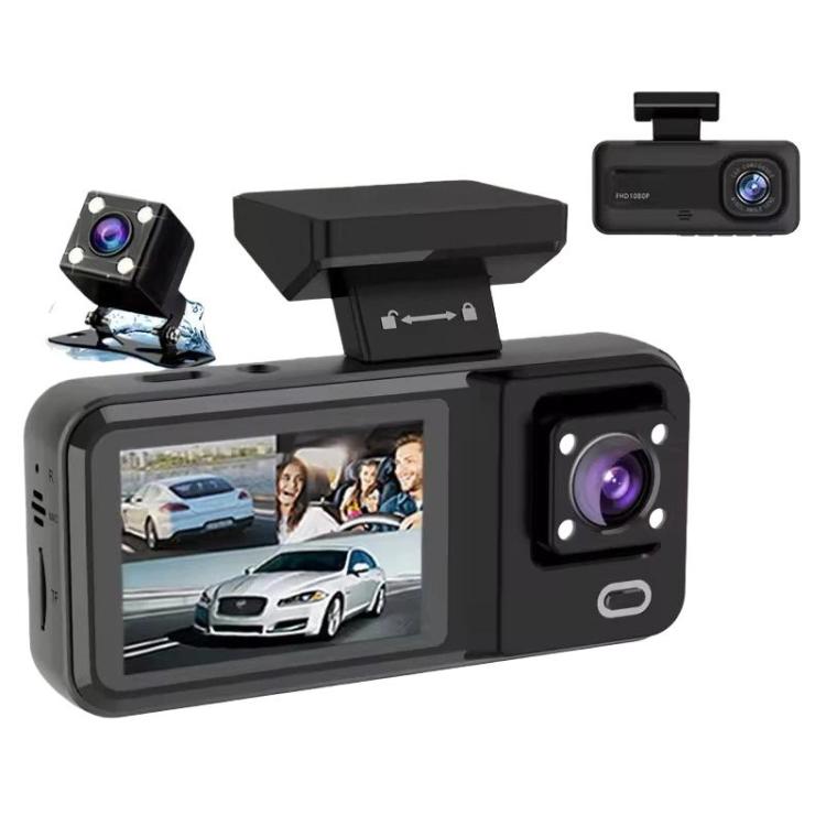 Black 3-lens dash camera kit with front screen, cabin module, and rear camera