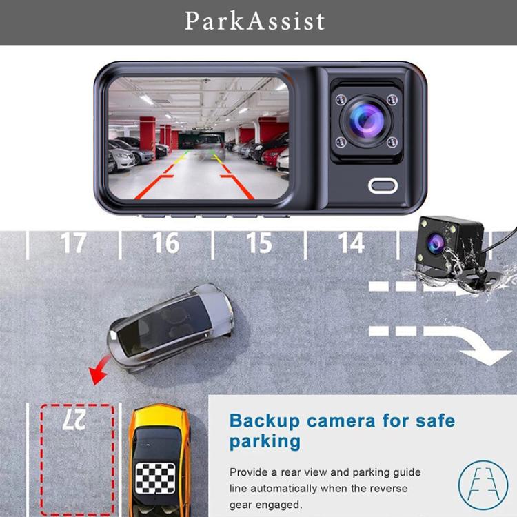Black dash camera with front display and compact rear camera, lens visible