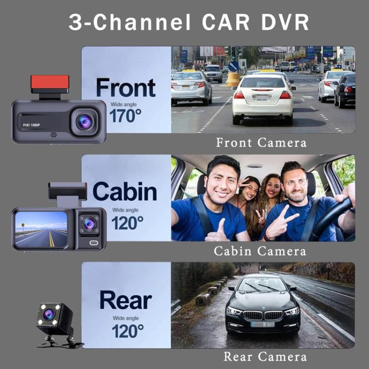 3-channel dash camera system with front, cabin, and rear camera modules