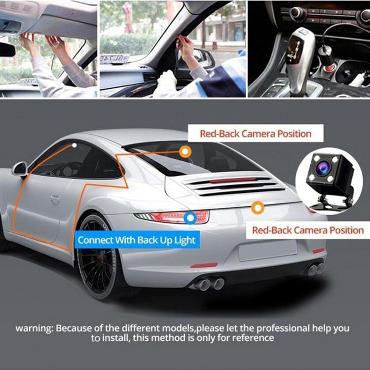 Dash camera installation view with rear camera position and wiring connections