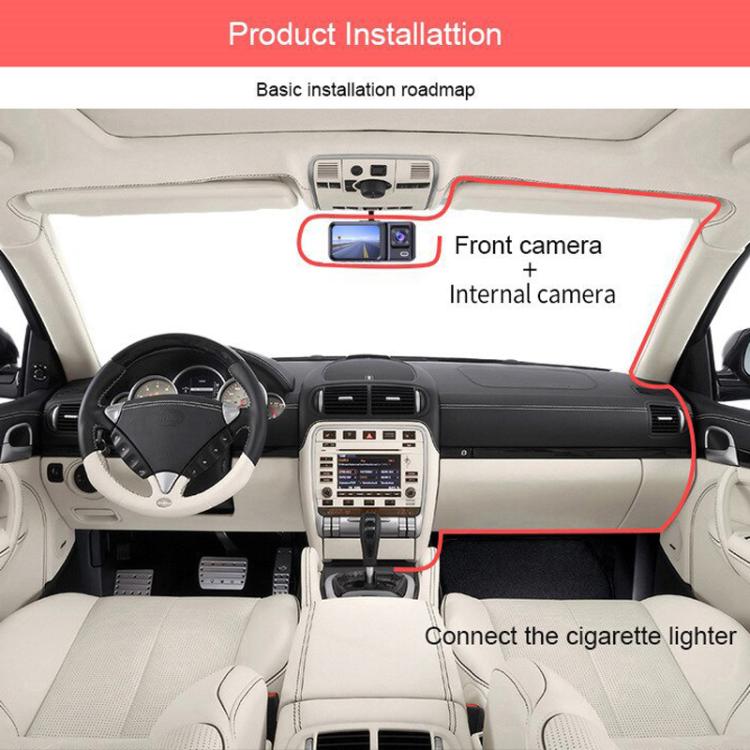 Dash camera installation in car interior, front and internal camera mounted