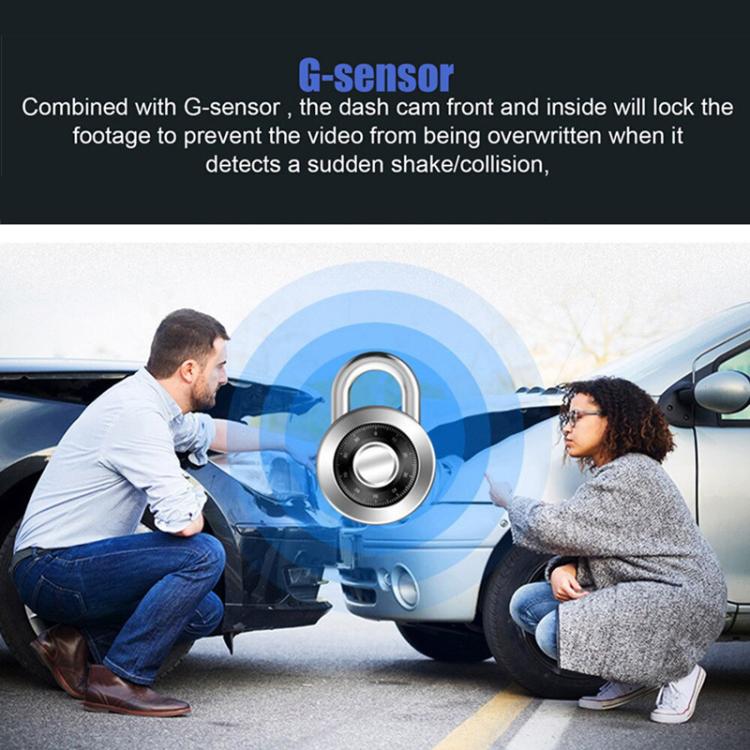 Dash camera with visible front lens, cabin camera and motion sensor concept