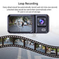 Black dash camera with front display and front-lens module, loop recording layout