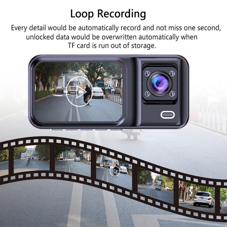 Black dash camera with front display and front-lens module, loop recording layout