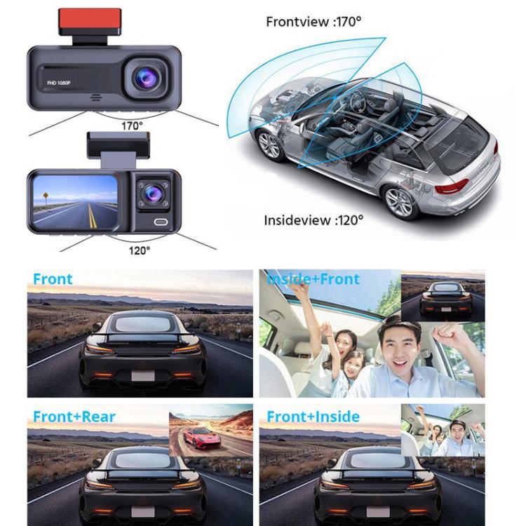 Front and inside dash camera modules with lens angles shown on vehicle diagram