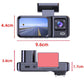 Black dash camera with front screen and lens module, size diagram