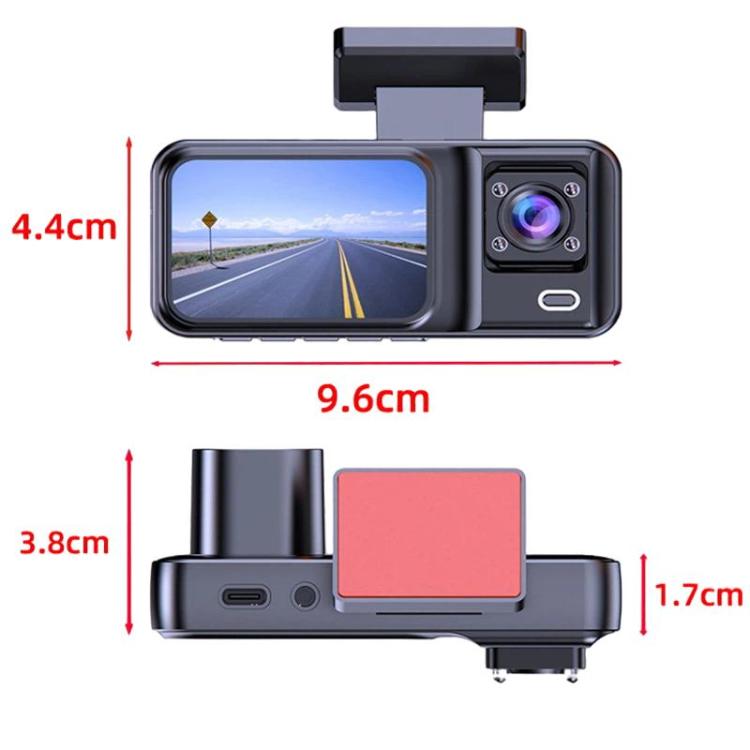 Black dash camera with front screen and lens module, size diagram