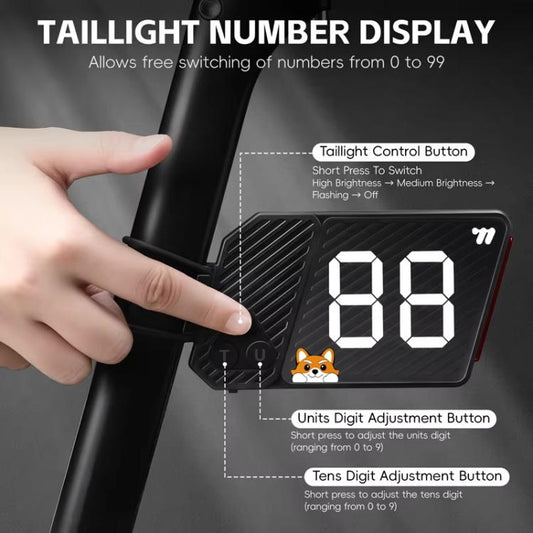 Black bicycle tail light number display with control buttons and digits 88