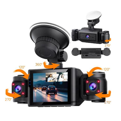 Dash camera kit with front and left/right lenses, black body and built-in screen mount
