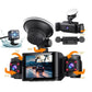 Dash camera kit with three lens modules and front display screen, black housing