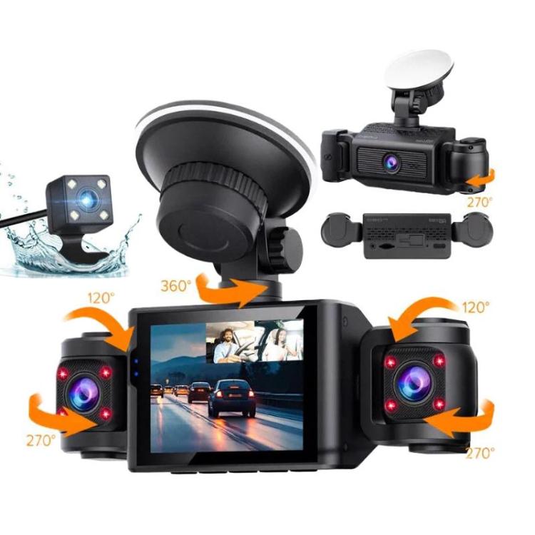 Dash camera kit with three lens modules and front display screen, black housing