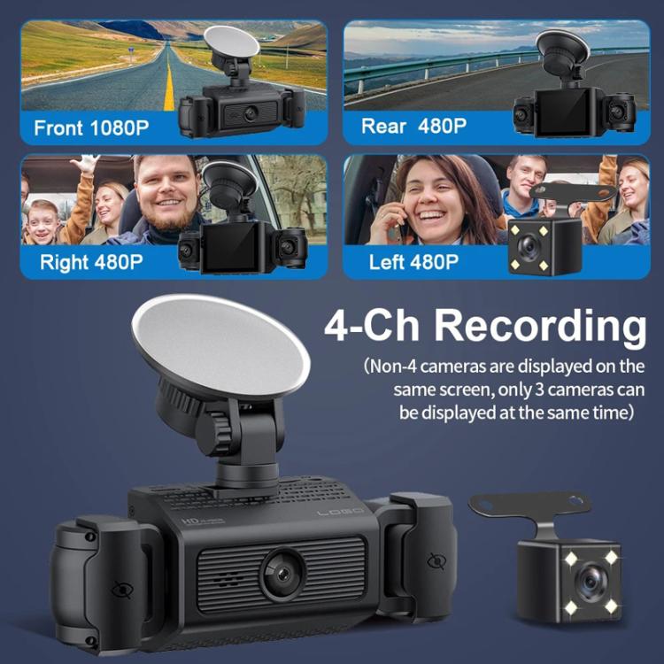 4-channel dash camera with front screen, front dome and two side lens modules, black