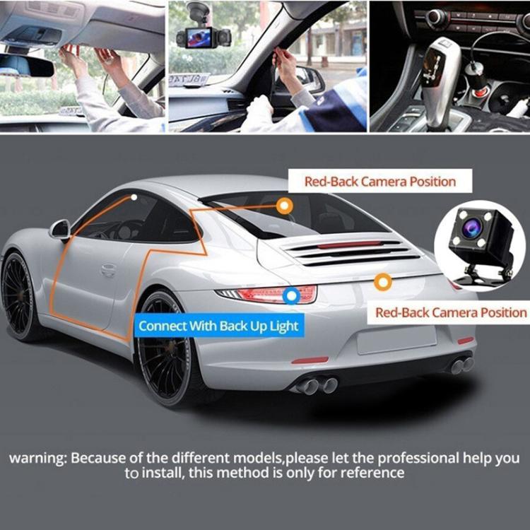 Dash camera installation with front unit and red-back positioning lens, black housing