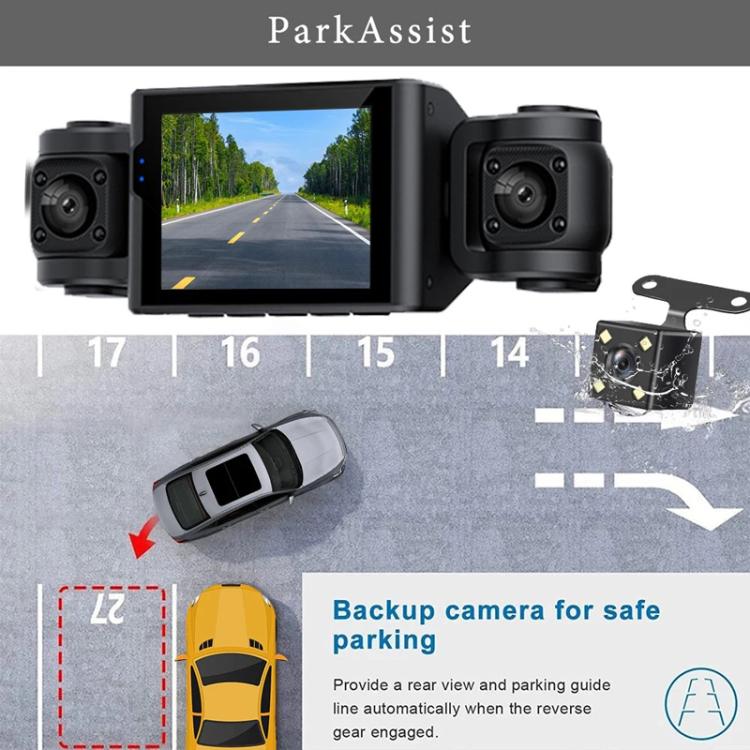 Dash camera with front screen, two side cameras, and park-assist mounting plates, black