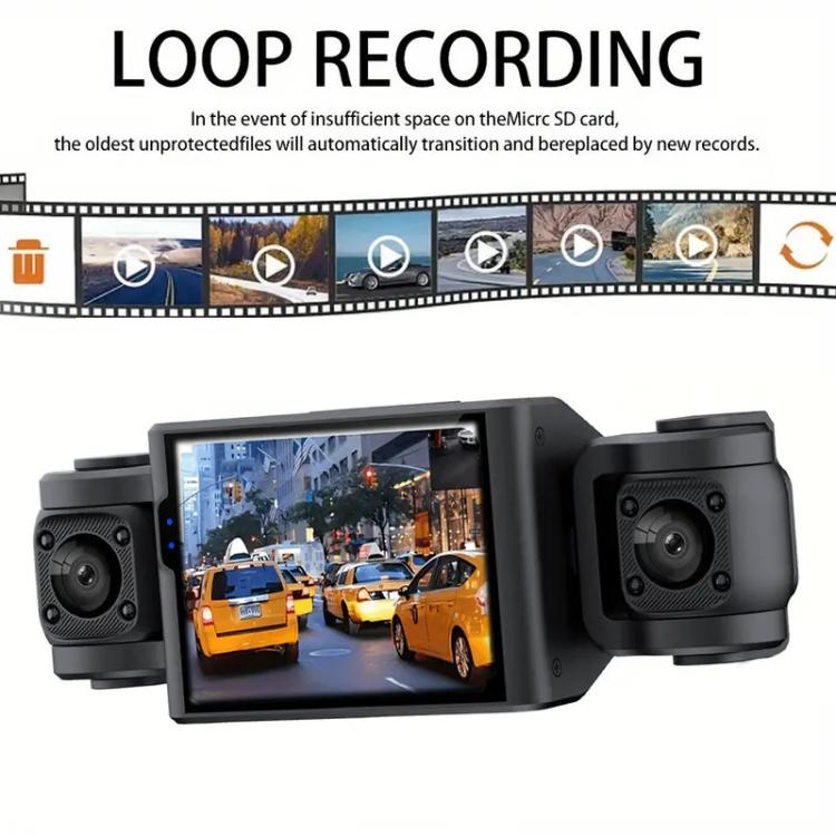 Dash camera with front screen display and dual external lenses, black recording unit