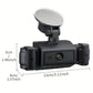Black dash camera with top dome and front display, with height and length dimensions
