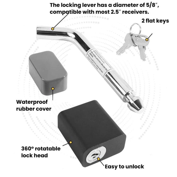 Square-head trailer lock with chrome handle, black 360° rotatable head, 2 flat keys