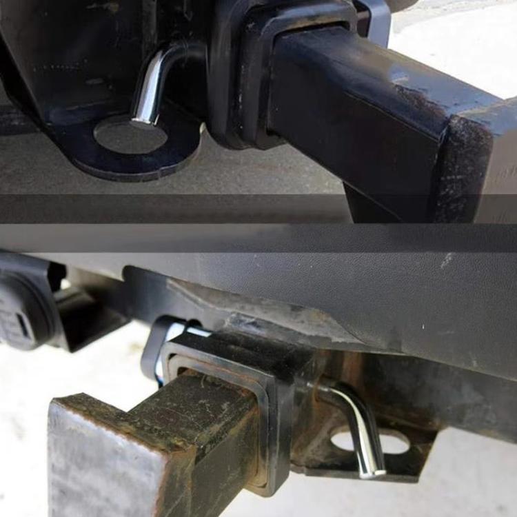 Installed square-head trailer hitch lock with black head and chrome shank