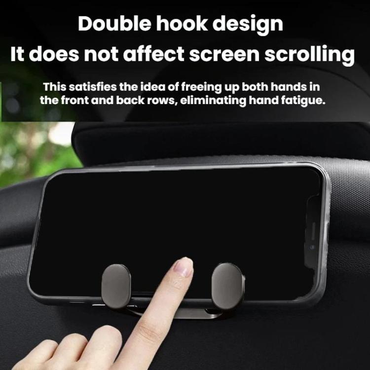 Double hook phone holder holding a smartphone, pearl white hooks on black base